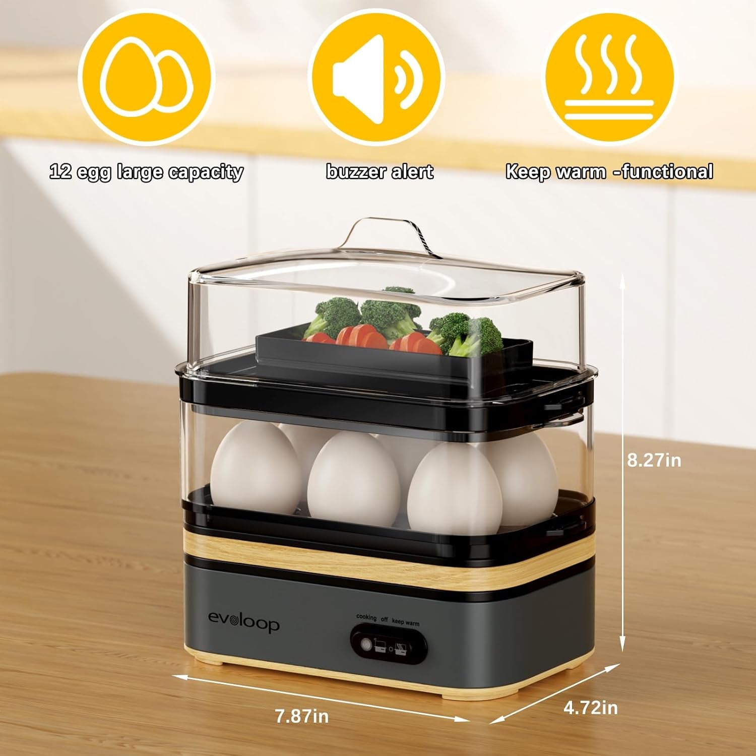 Rapid Egg Cooker Electric 12 Eggs Capacity, Soft, Medium, Hard Boiled, Poached, Omelet Maker Egg Poacher & Vegetable Steamer, BPA Free Tray(Grey)