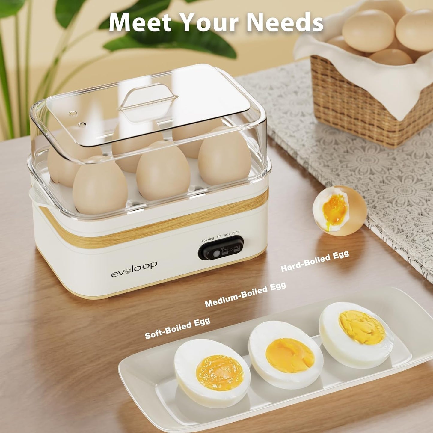 Rapid Egg Cooker Electric 6 Eggs Capacity, Soft, Medium, Hard Boiled, Poacher, Omelet Maker Egg Poacher with Auto Shut-Off, BPA Free-White